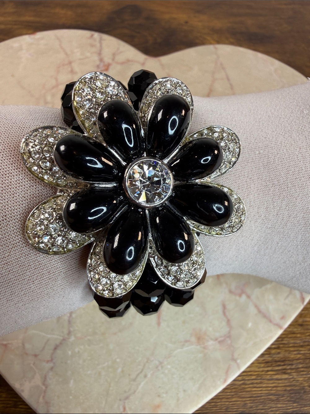 Black Floral Crystal Brooch - Elegant Statement Pin